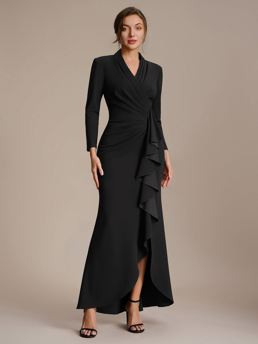 Asymmetrischer Saum V Neck Figurbetontes Kleid Aus Krepp Schlitz Volants #Farbe_Schwarz