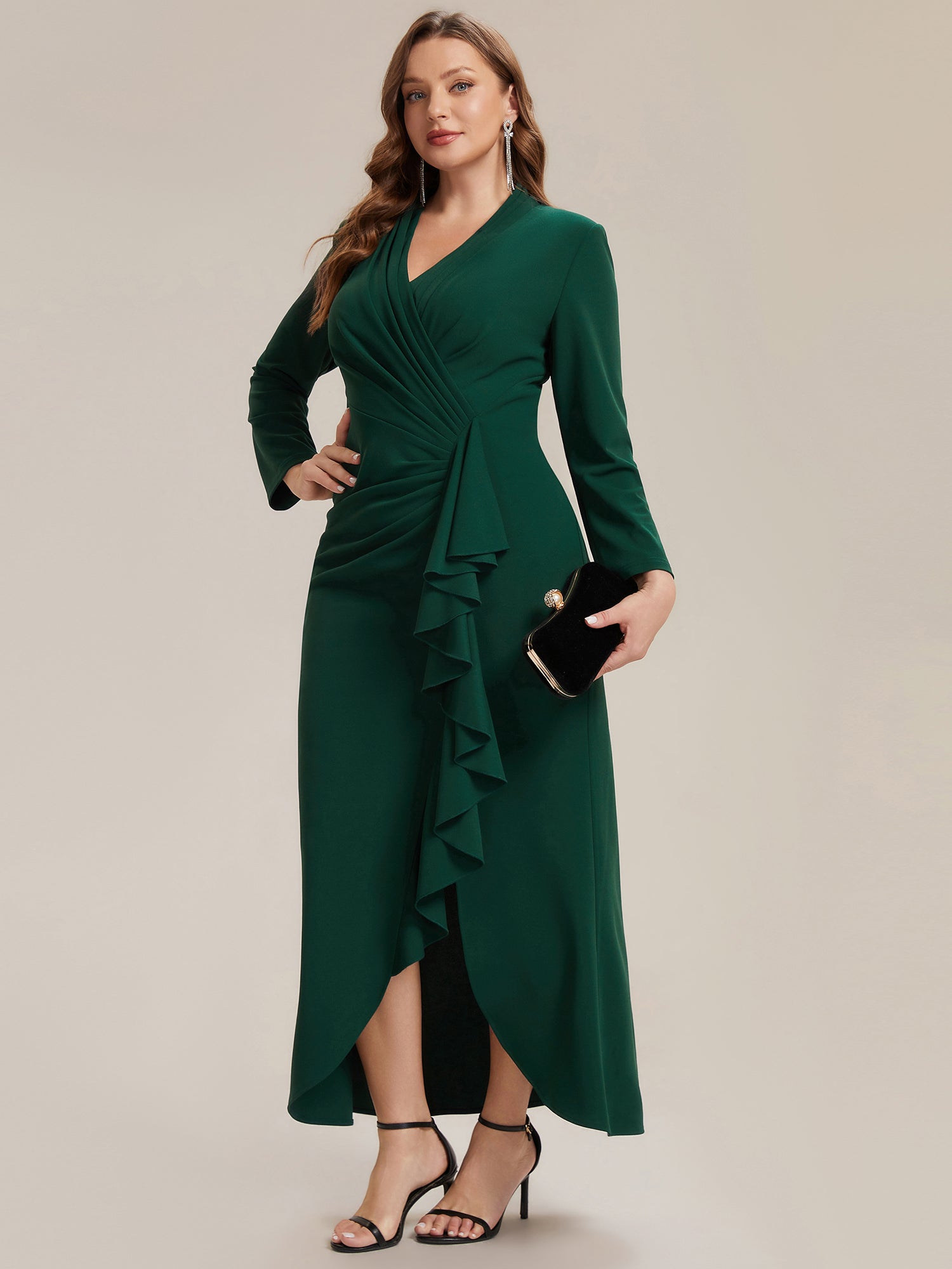 Asymmetrischer Saum V Neck Figurbetontes Kleid Aus Krepp Schlitz Volants #Farbe_Dunkelgrün