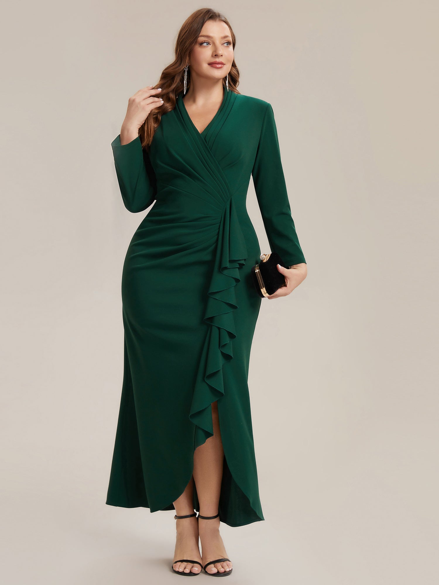 Asymmetrischer Saum V Neck Figurbetontes Kleid Aus Krepp Schlitz Volants #Farbe_Dunkelgrün