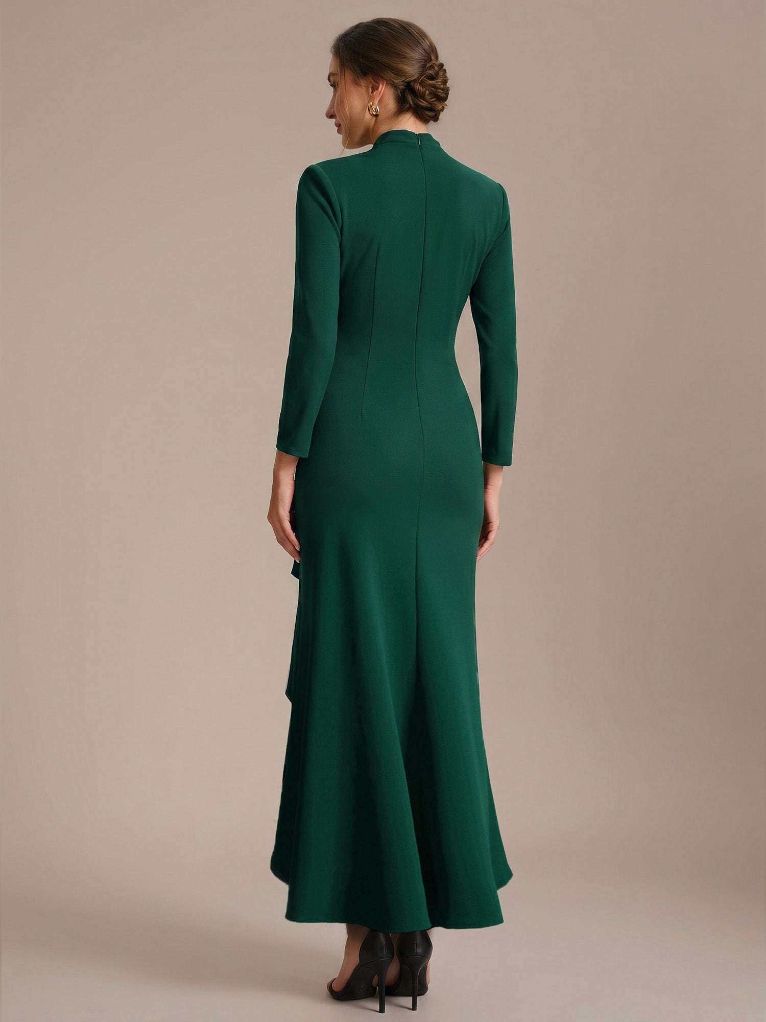 Asymmetrischer Saum V Neck Figurbetontes Kleid Aus Krepp Schlitz Volants #Farbe_Dunkelgrün