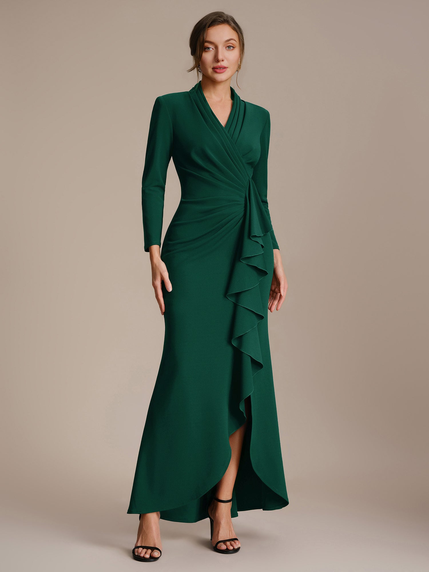Asymmetrischer Saum V Neck Figurbetontes Kleid Aus Krepp Schlitz Volants #Farbe_Dunkelgrün