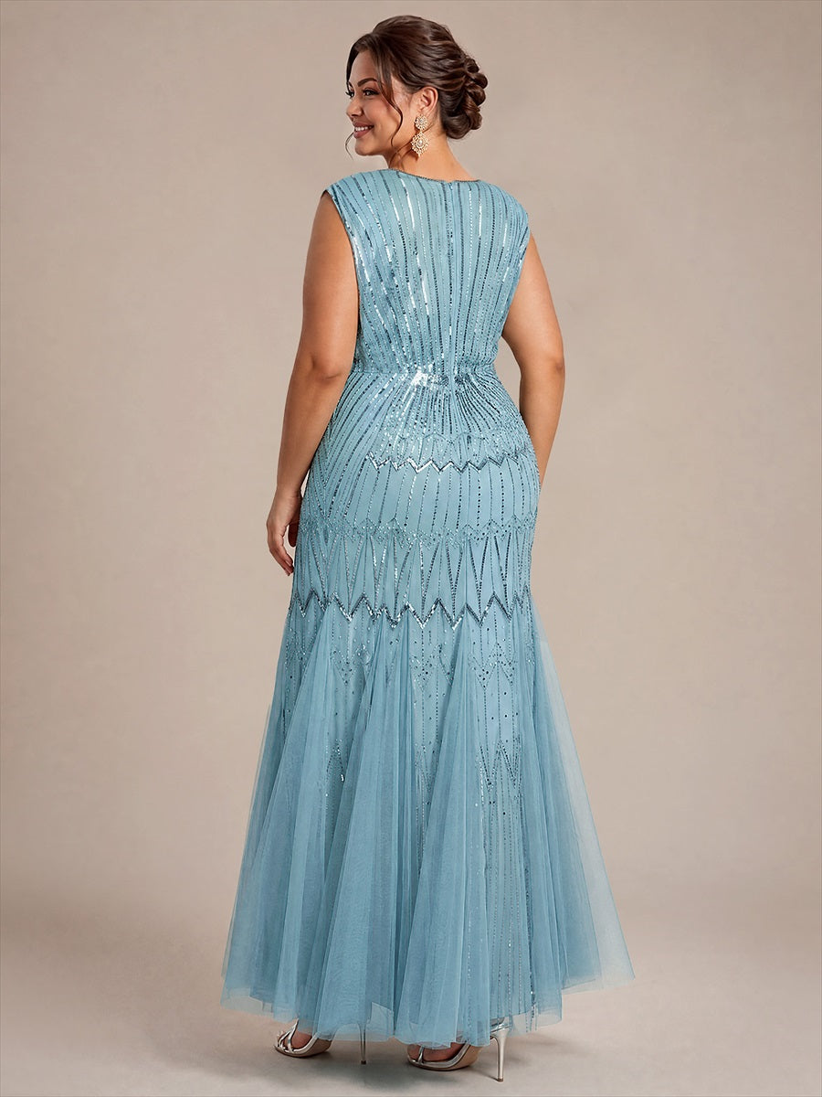 Tüll mit V-Ausschnitt, Meerjungfrau, Ärmellos und abendkleid #Farbe_Himmelblau