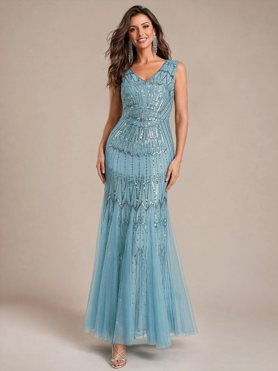 Tüll mit V-Ausschnitt, Meerjungfrau, Ärmellos und abendkleid #Farbe_Himmelblau