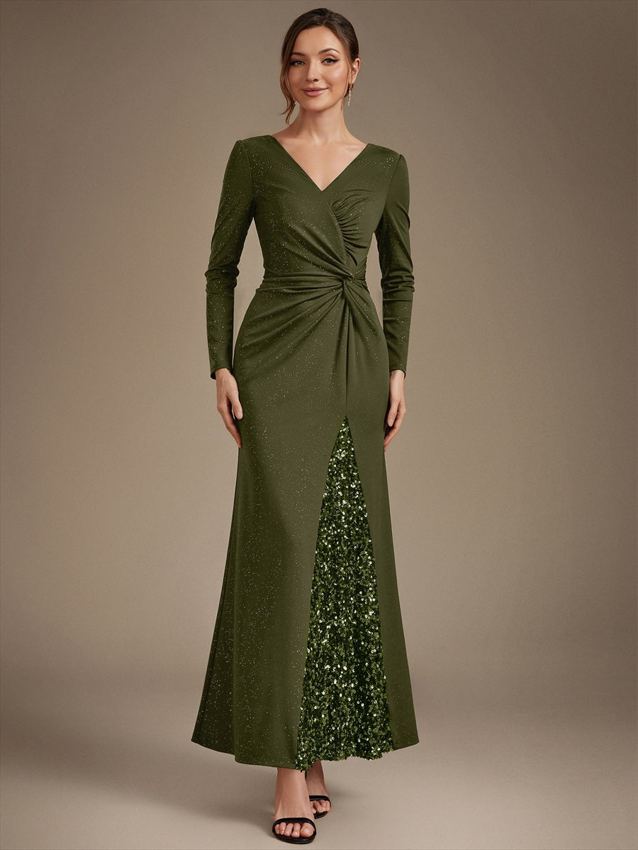 Maxilänge V-Ausschnitt Figurbetontes Kleid Aus Mesh Pailletten Zum Binden #Farbe_Olivgrün