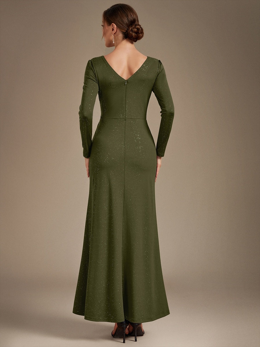 Maxilänge V-Ausschnitt Figurbetontes Kleid Aus Mesh Pailletten Zum Binden #Farbe_Olivgrün