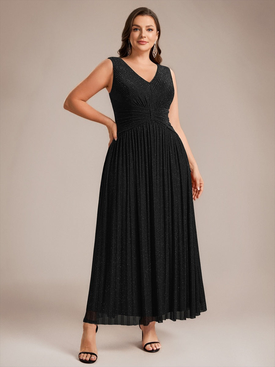 Bodenlanges A-Linien Kleid V-Ausschnitt Tüll Elegantes Design Besondere Anlässe #Farbe_Schwarz