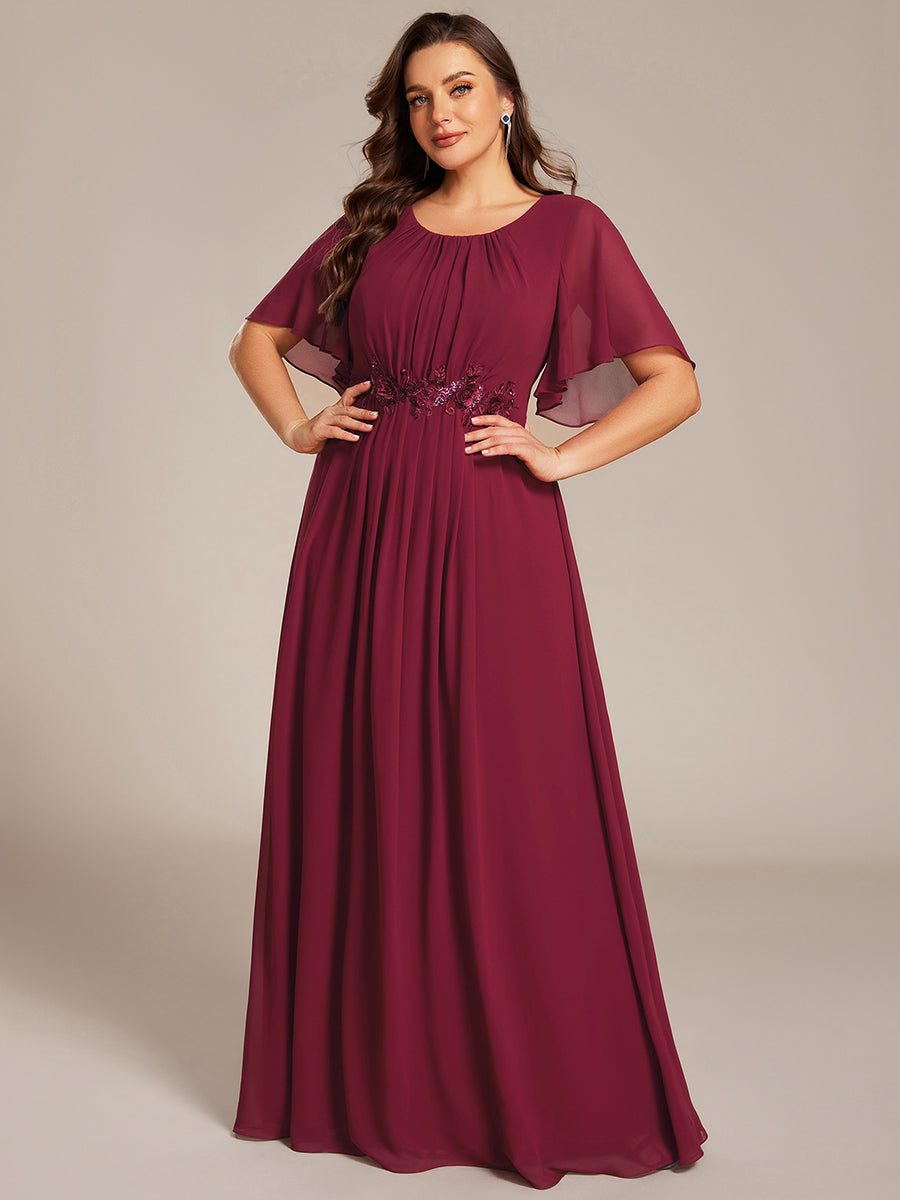Bodenlanger A-Linien Chiffonkleid Mit Raffung Blumenmuster Und Applikationen #Farbe_Burgunderrot