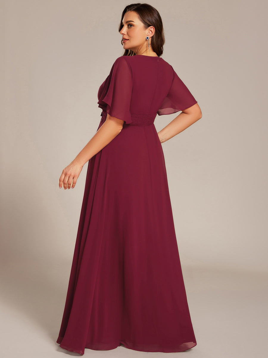 Bodenlanger A-Linien Chiffonkleid Mit Raffung Blumenmuster Und Applikationen #Farbe_Burgunderrot