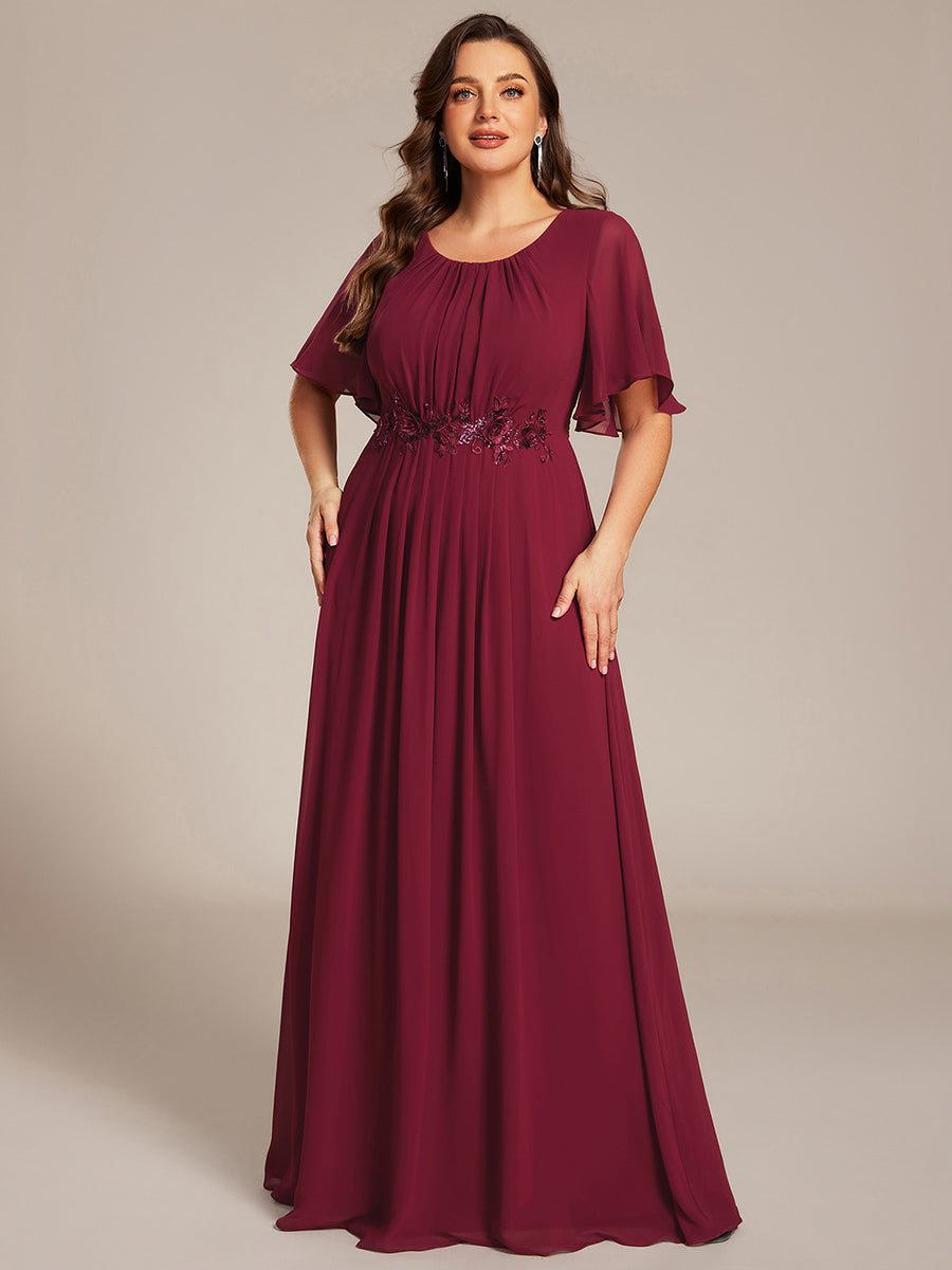 Bodenlanger A-Linien Chiffonkleid Mit Raffung Blumenmuster Und Applikationen #Farbe_Burgunderrot