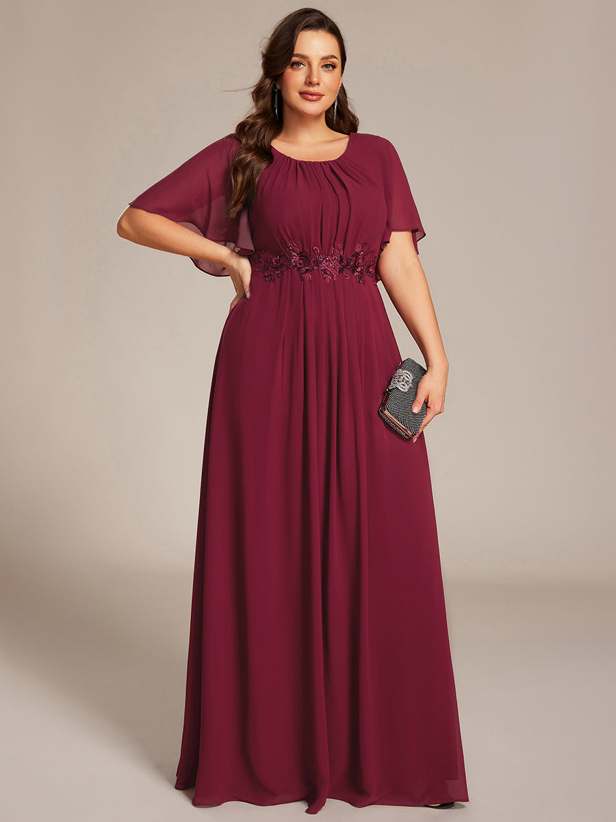 Bodenlanger A-Linien Chiffonkleid Mit Raffung Blumenmuster Und Applikationen #Farbe_Burgunderrot