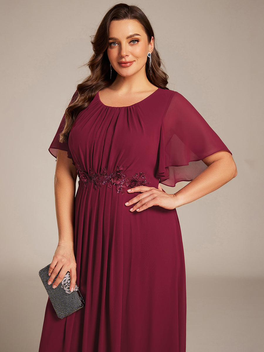 Bodenlanger A-Linien Chiffonkleid Mit Raffung Blumenmuster Und Applikationen #Farbe_Burgunderrot
