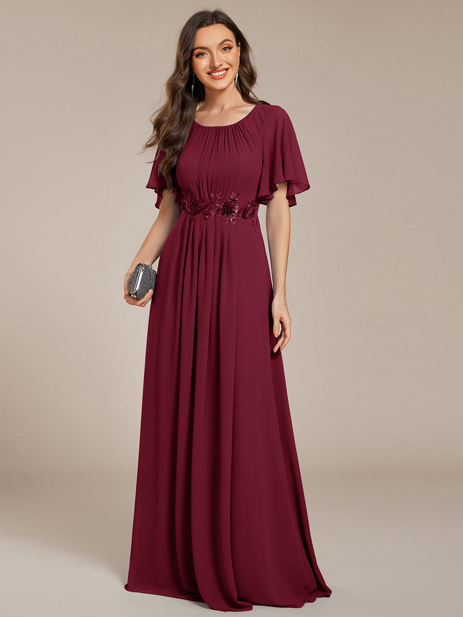 Bodenlanger A-Linien Chiffonkleid Mit Raffung Blumenmuster Und Applikationen #Farbe_Burgunderrot