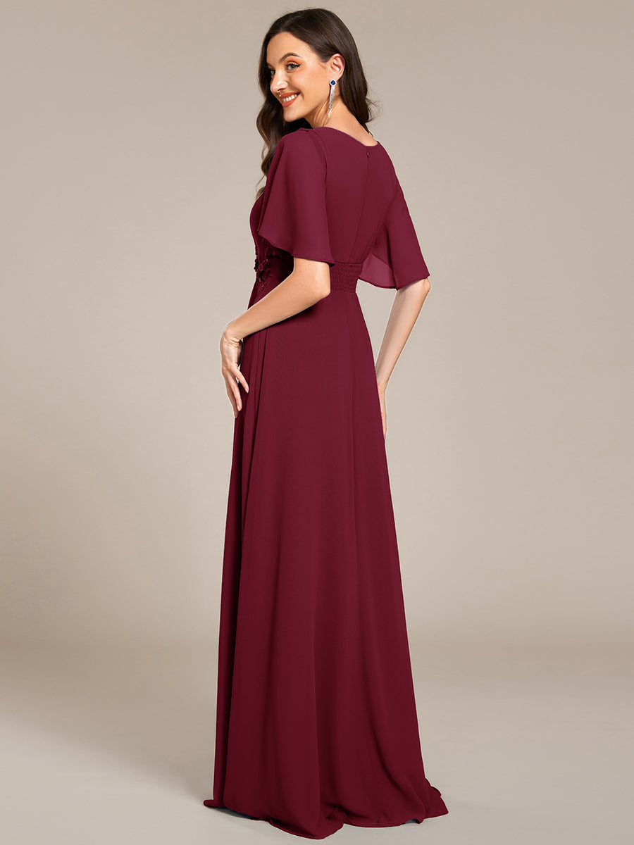 Bodenlanger A-Linien Chiffonkleid Mit Raffung Blumenmuster Und Applikationen #Farbe_Burgunderrot