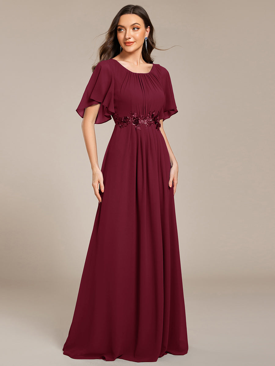 Bodenlanger A-Linien Chiffonkleid Mit Raffung Blumenmuster Und Applikationen #Farbe_Burgunderrot