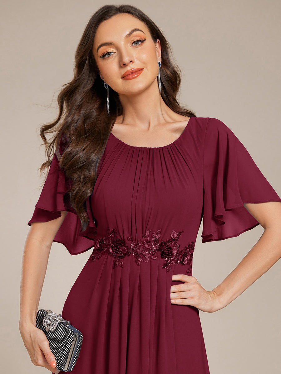 Bodenlanger A-Linien Chiffonkleid Mit Raffung Blumenmuster Und Applikationen #Farbe_Burgunderrot