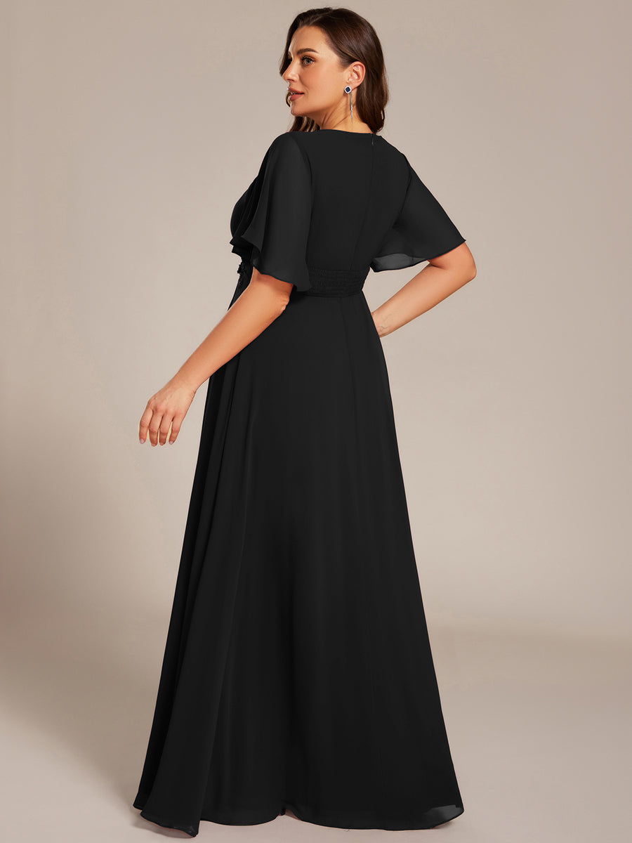 Bodenlanger A-Linien Chiffonkleid Mit Raffung Blumenmuster Und Applikationen #Farbe_Schwarz