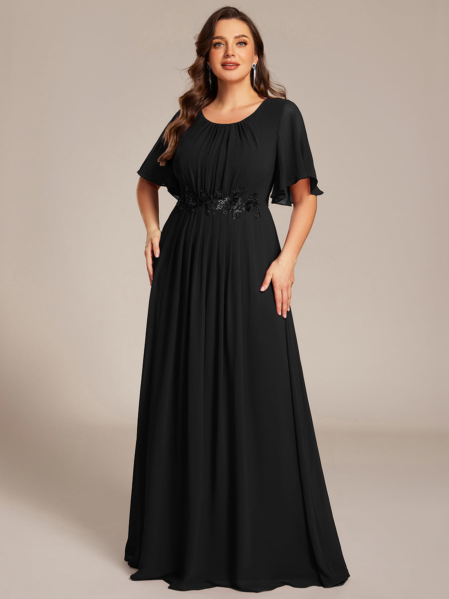 Bodenlanger A-Linien Chiffonkleid Mit Raffung Blumenmuster Und Applikationen #Farbe_Schwarz