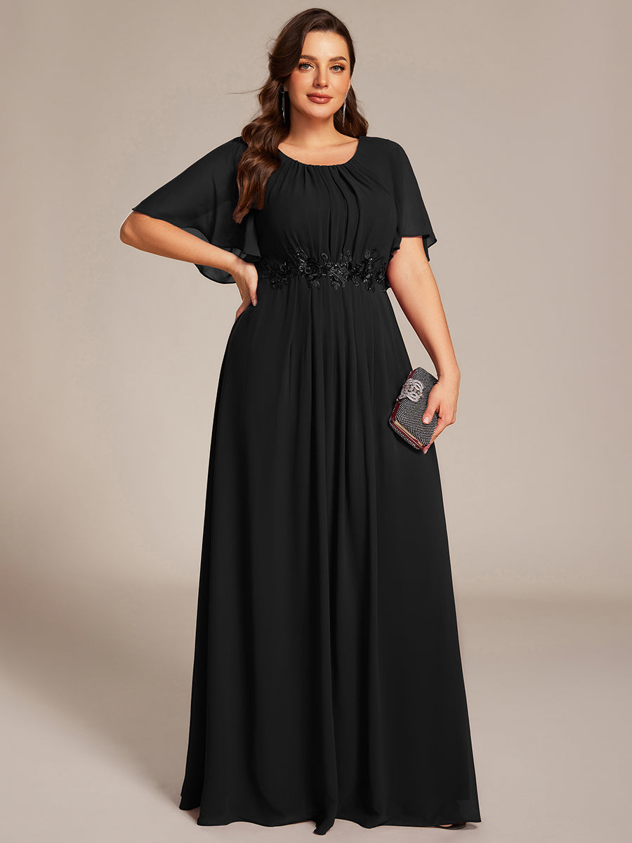 Bodenlanger A-Linien Chiffonkleid Mit Raffung Blumenmuster Und Applikationen #Farbe_Schwarz
