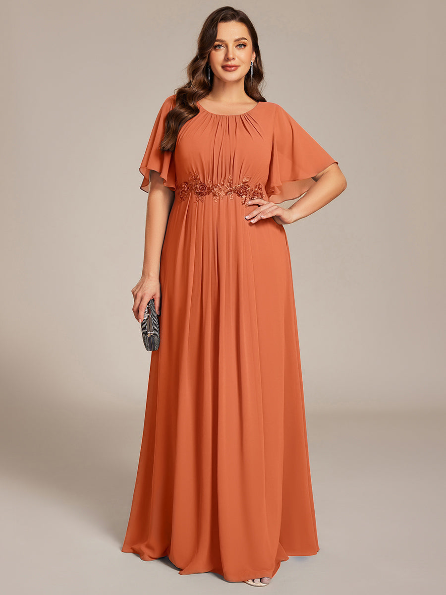 Bodenlanger A-Linien Chiffonkleid Mit Raffung Blumenmuster Und Applikationen #Farbe_Gebrannte Melone