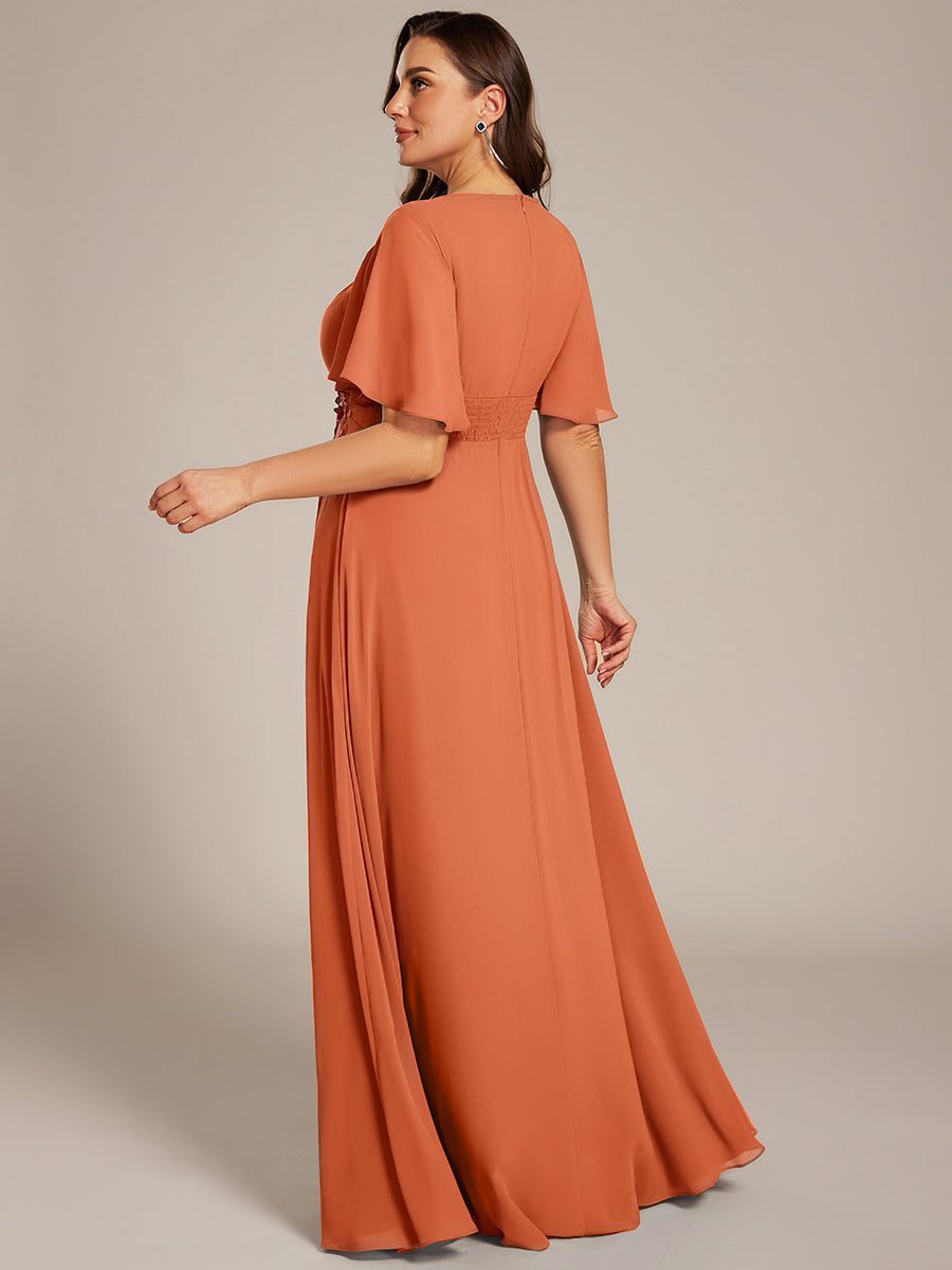 Bodenlanger A-Linien Chiffonkleid Mit Raffung Blumenmuster Und Applikationen #Farbe_Gebrannte Melone