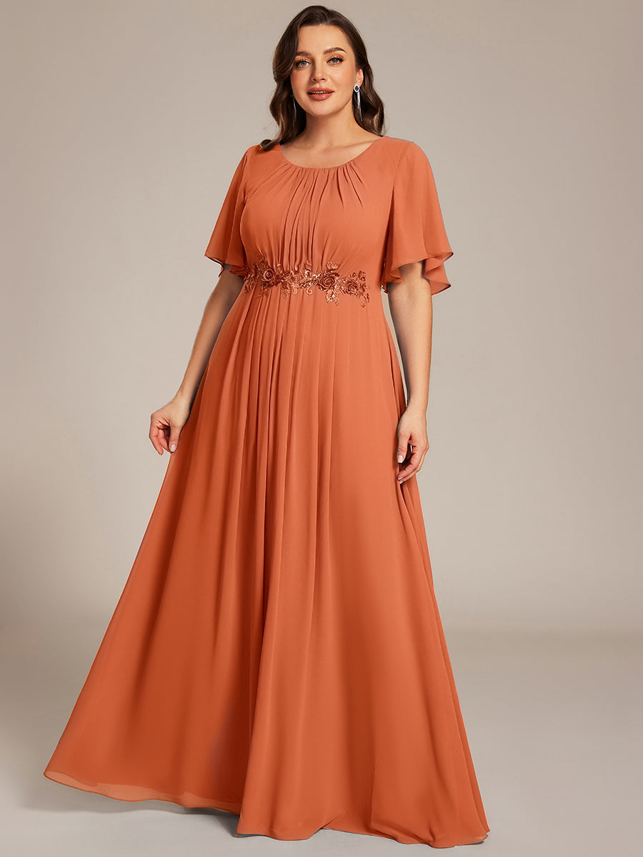Bodenlanger A-Linien Chiffonkleid Mit Raffung Blumenmuster Und Applikationen #Farbe_Gebrannte Melone