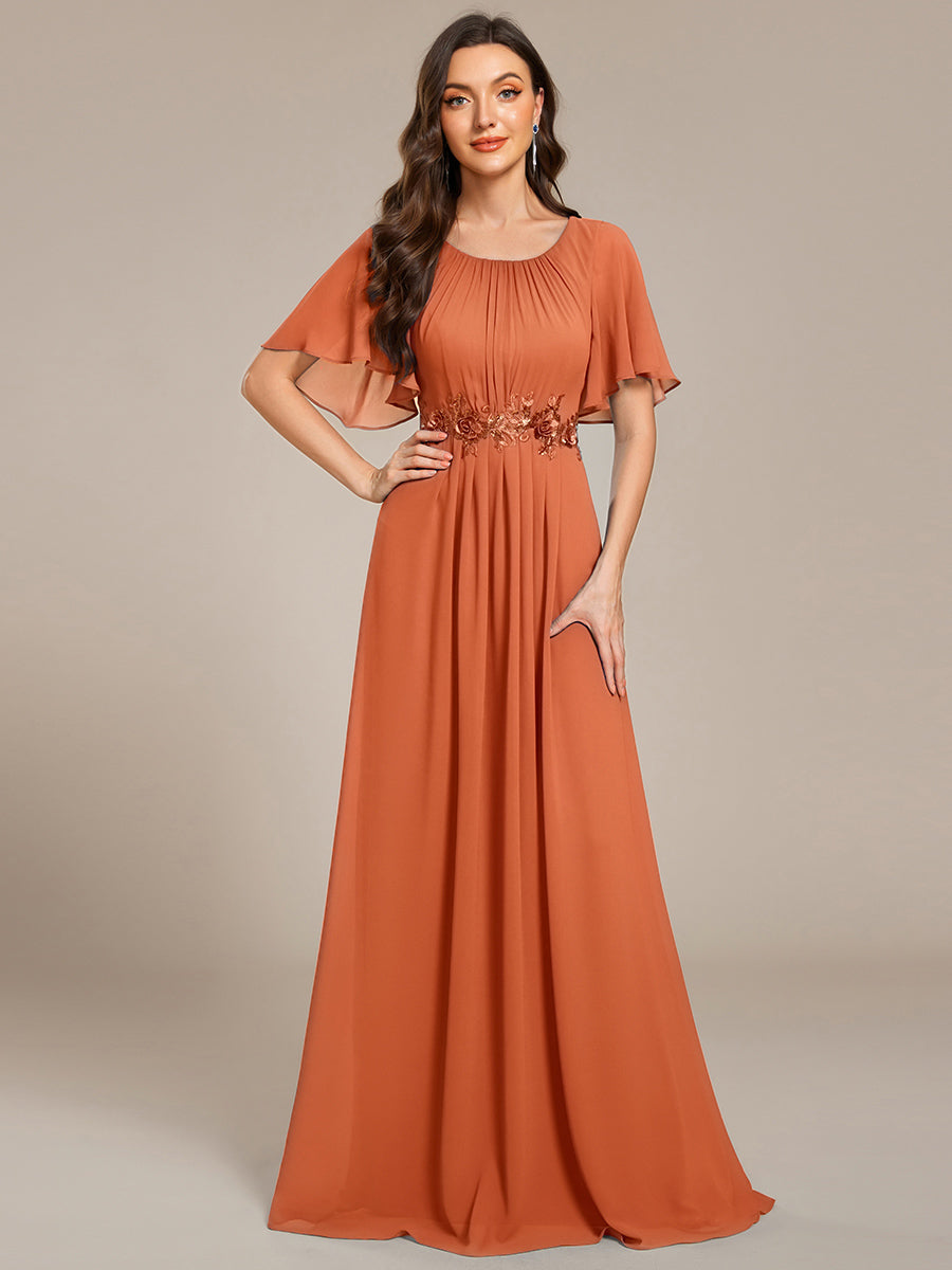 Bodenlanger A-Linien Chiffonkleid Mit Raffung Blumenmuster Und Applikationen #Farbe_Gebrannte Melone