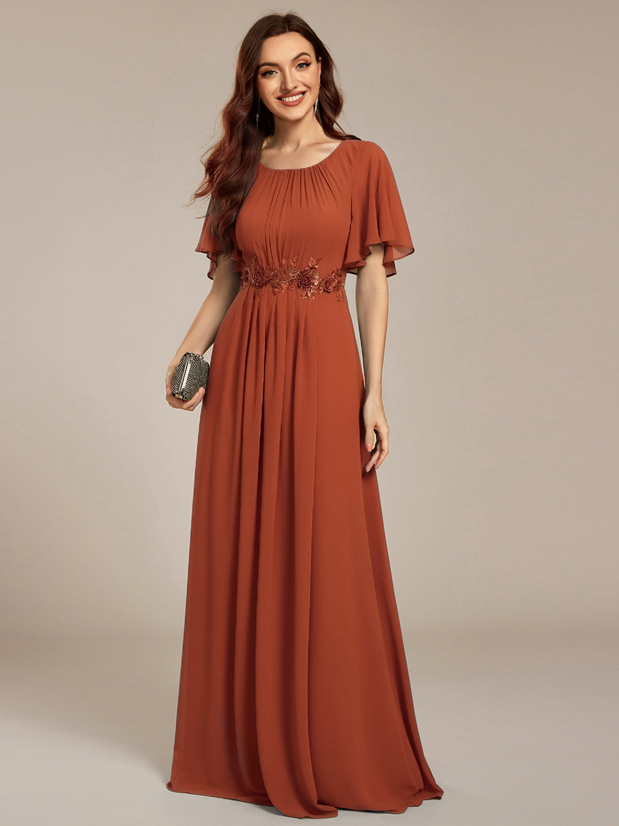 Bodenlanger A-Linien Chiffonkleid Mit Raffung Blumenmuster Und Applikationen #Farbe_Gebranntes Orange