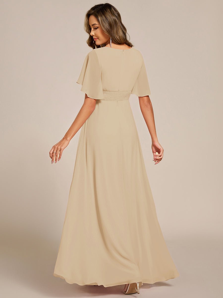 Bodenlanger A-Linien Chiffonkleid Mit Raffung Blumenmuster Und Applikationen #Farbe_Champagner