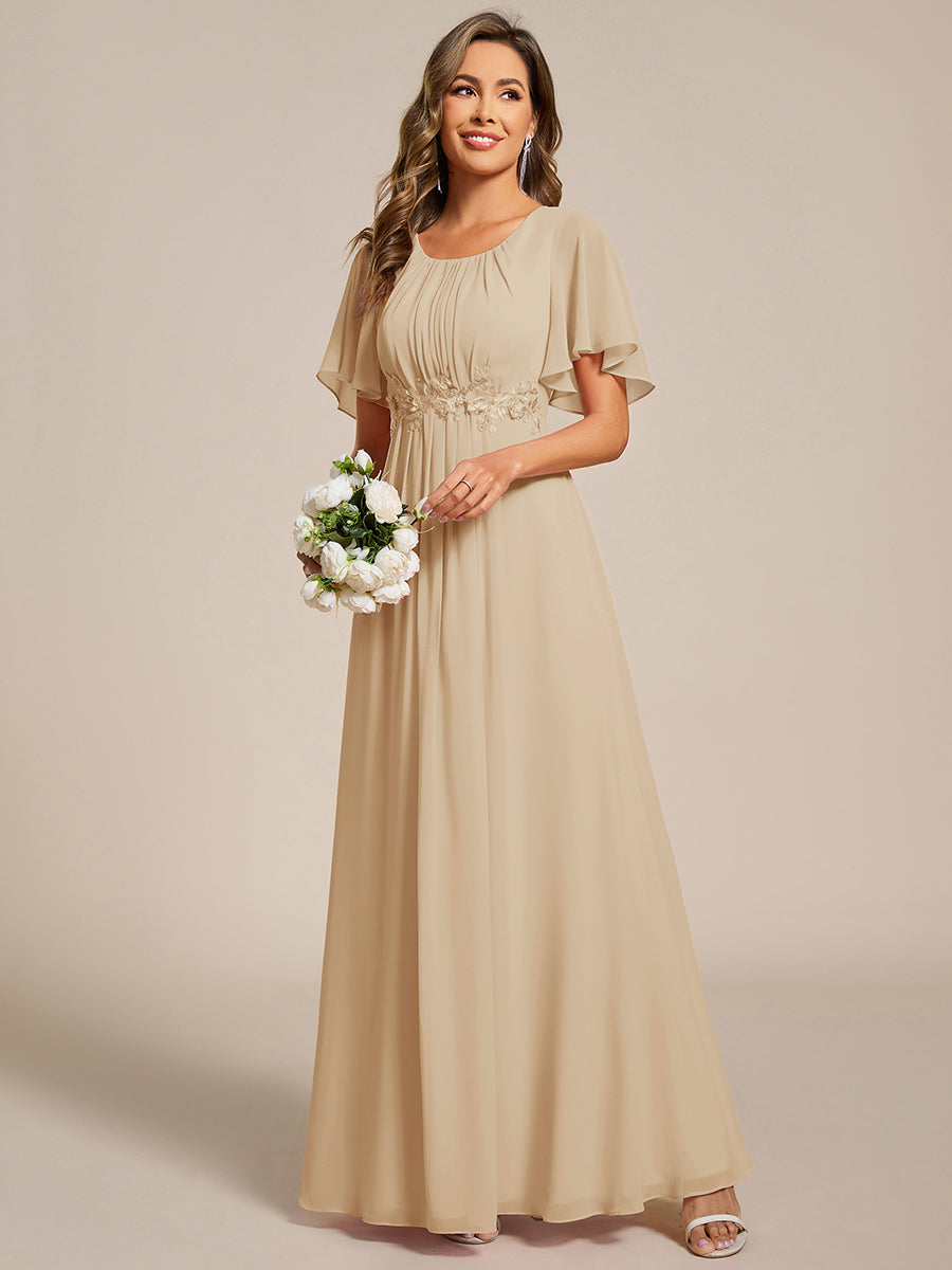 Bodenlanger A-Linien Chiffonkleid Mit Raffung Blumenmuster Und Applikationen #Farbe_Champagner