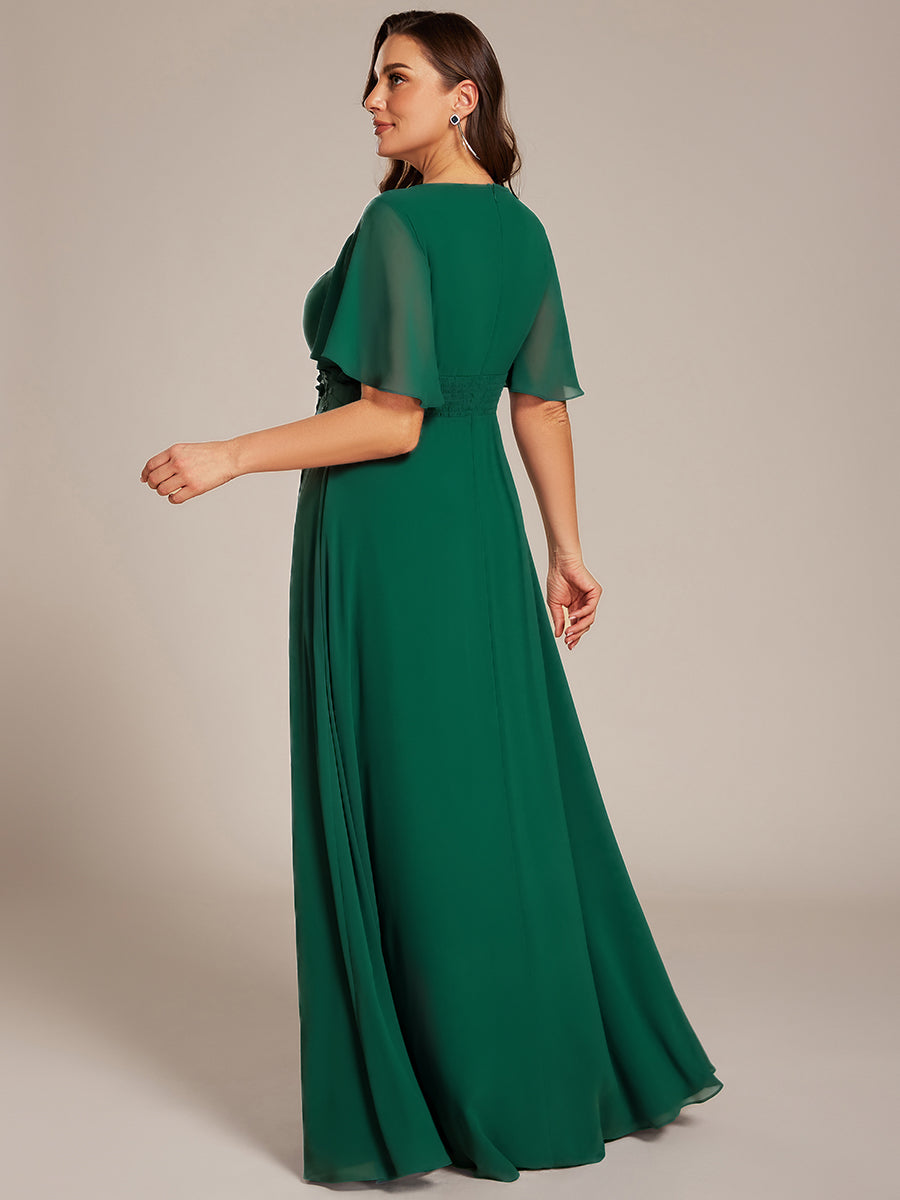 Bodenlanger A-Linien Chiffonkleid Mit Raffung Blumenmuster Und Applikationen #Farbe_Dunkelgrün