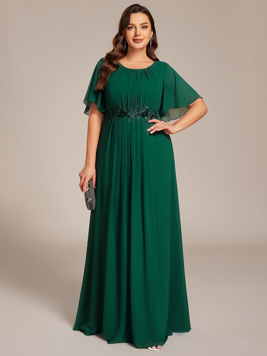Bodenlanger A-Linien Chiffonkleid Mit Raffung Blumenmuster Und Applikationen #Farbe_Dunkelgrün