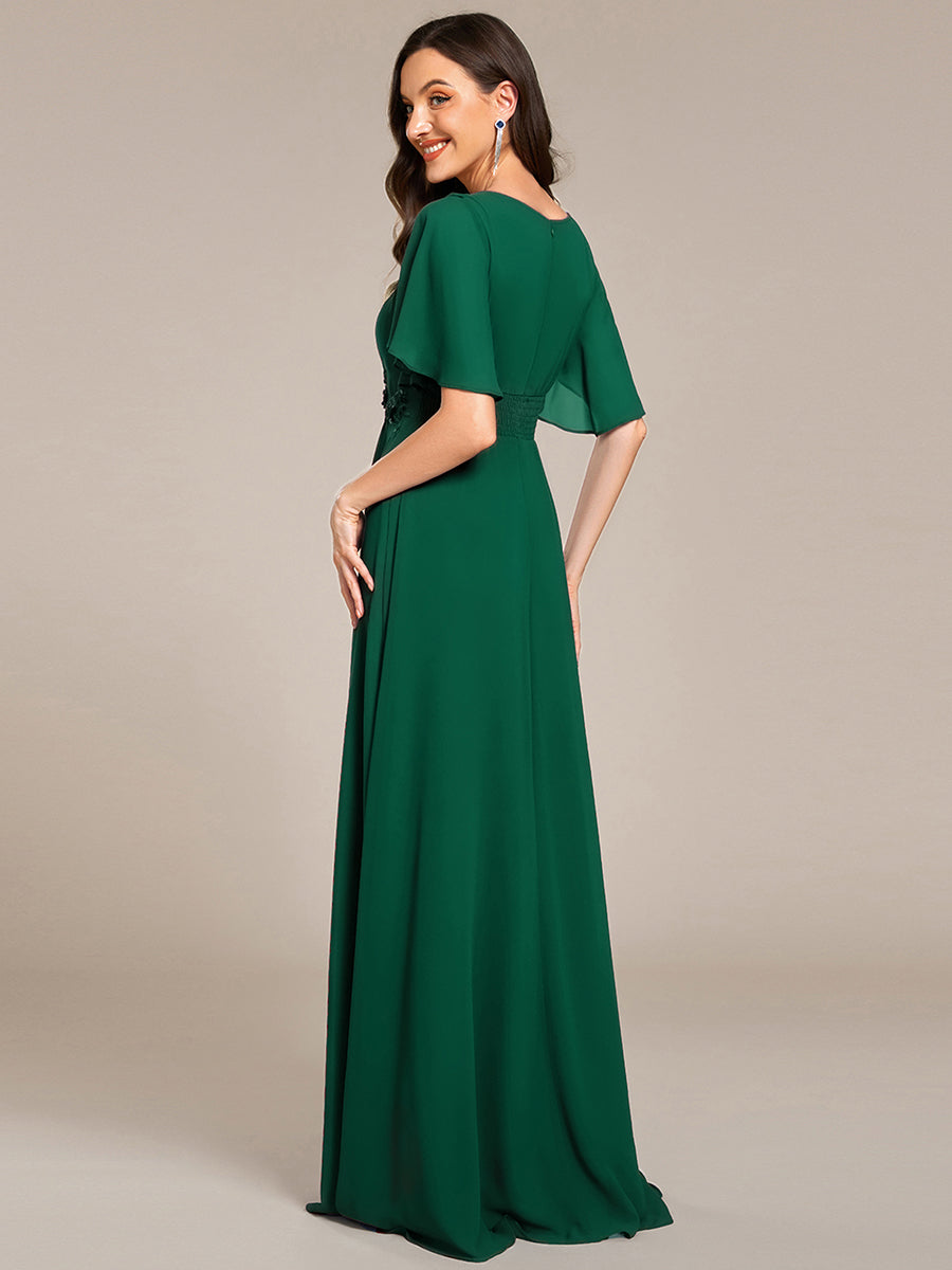 Bodenlanger A-Linien Chiffonkleid Mit Raffung Blumenmuster Und Applikationen #Farbe_Dunkelgrün