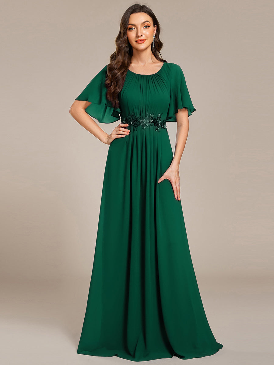 Bodenlanger A-Linien Chiffonkleid Mit Raffung Blumenmuster Und Applikationen #Farbe_Dunkelgrün
