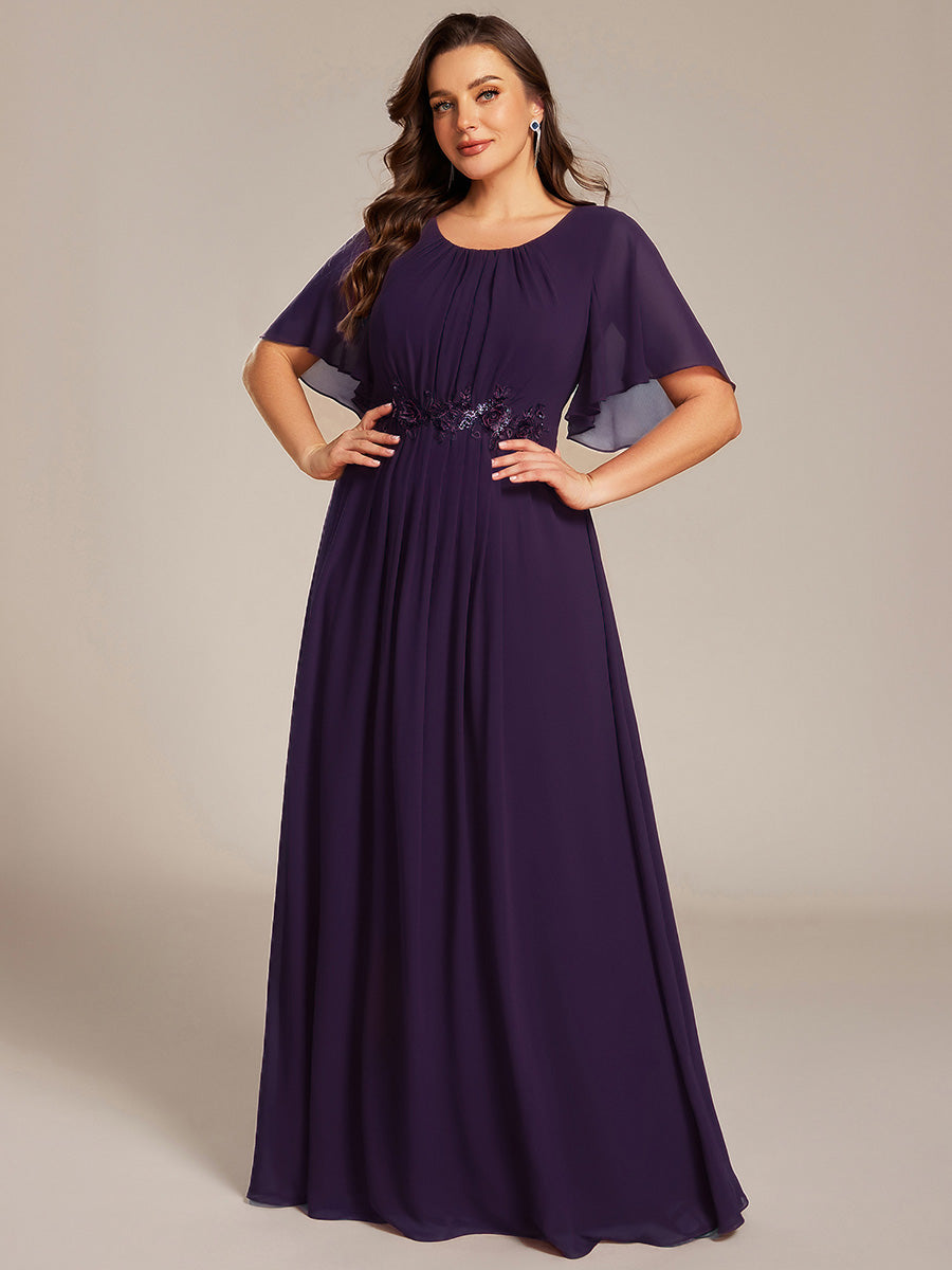 Bodenlanger A-Linien Chiffonkleid Mit Raffung Blumenmuster Und Applikationen #Farbe_Dunkelviolett