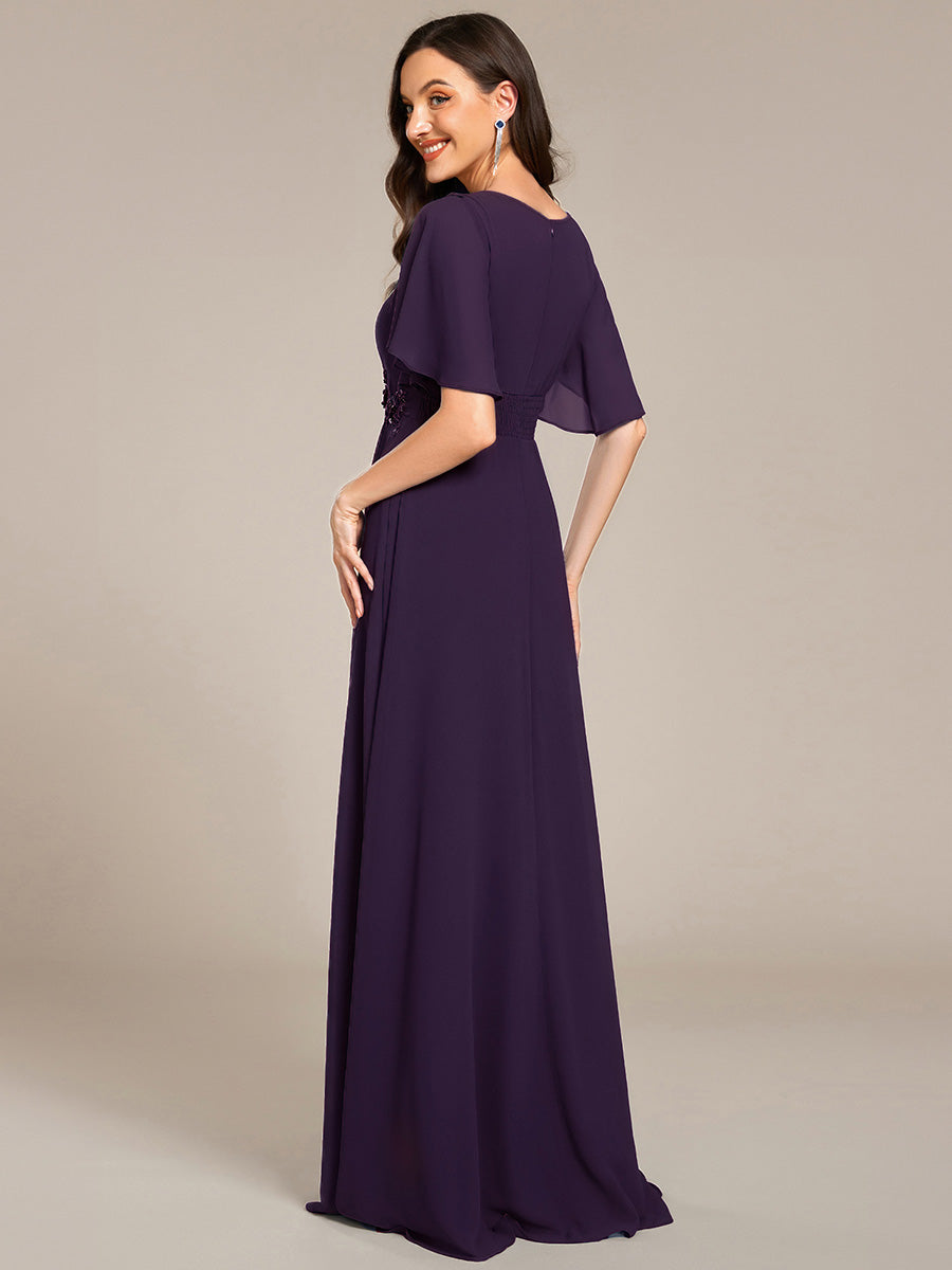Bodenlanger A-Linien Chiffonkleid Mit Raffung Blumenmuster Und Applikationen #Farbe_Dunkelviolett