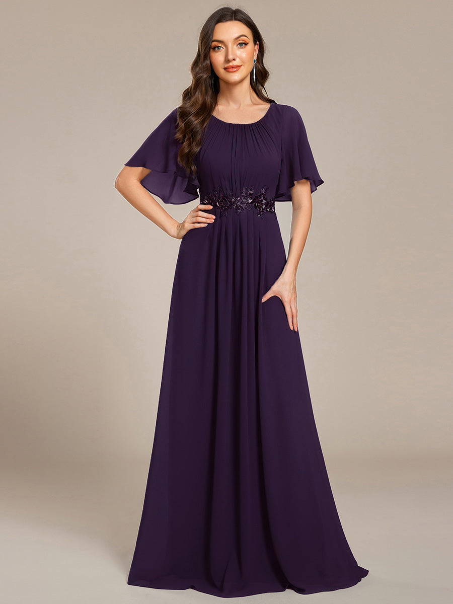 Bodenlanger A-Linien Chiffonkleid Mit Raffung Blumenmuster Und Applikationen #Farbe_Dunkelviolett
