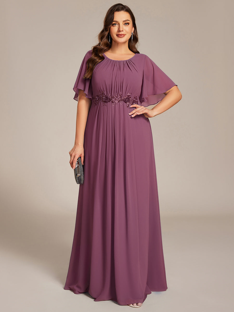 Bodenlanger A-Linien Chiffonkleid Mit Raffung Blumenmuster Und Applikationen #Farbe_Pflaumenviolett