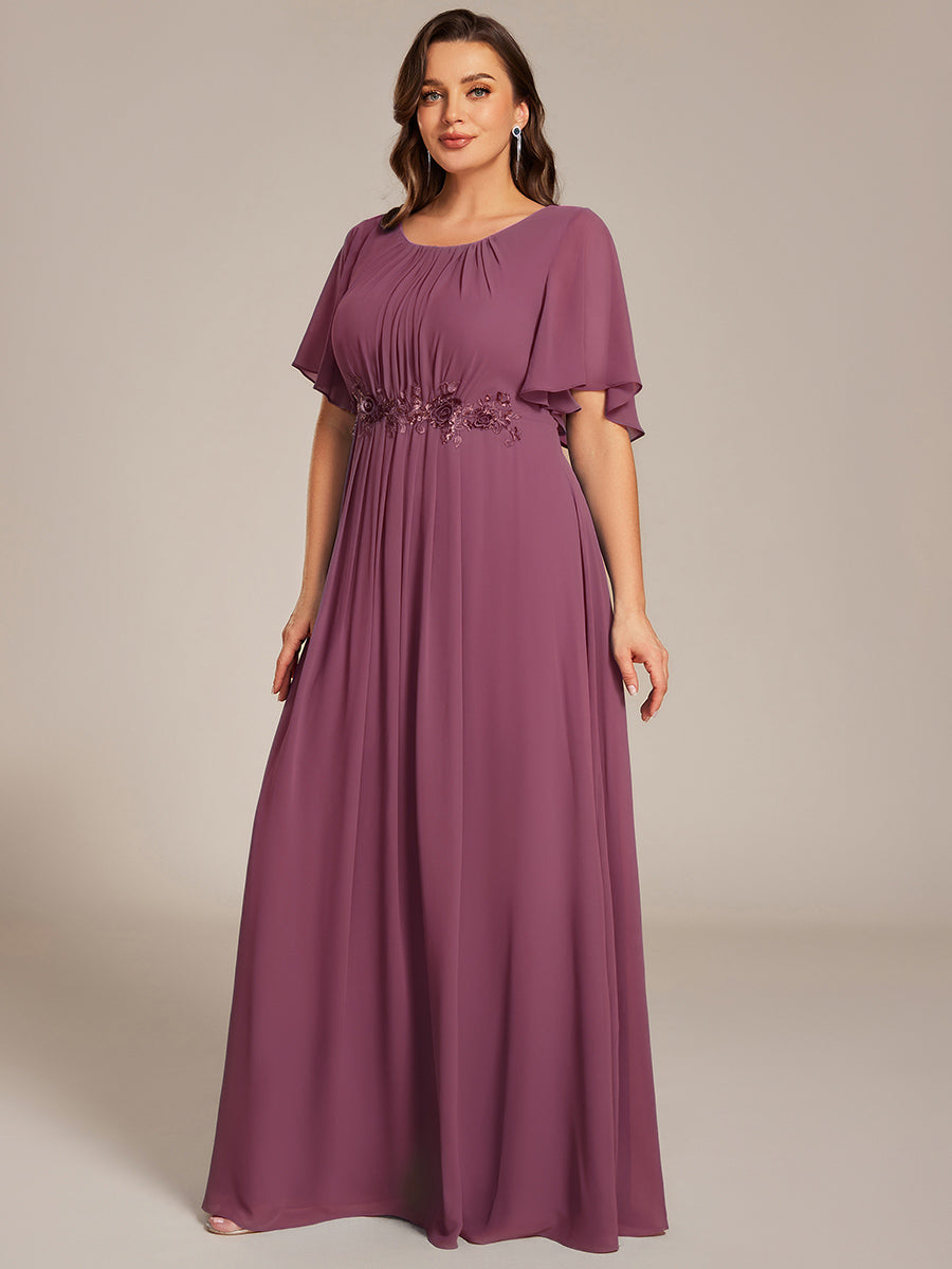 Bodenlanger A-Linien Chiffonkleid Mit Raffung Blumenmuster Und Applikationen #Farbe_Pflaumenviolett