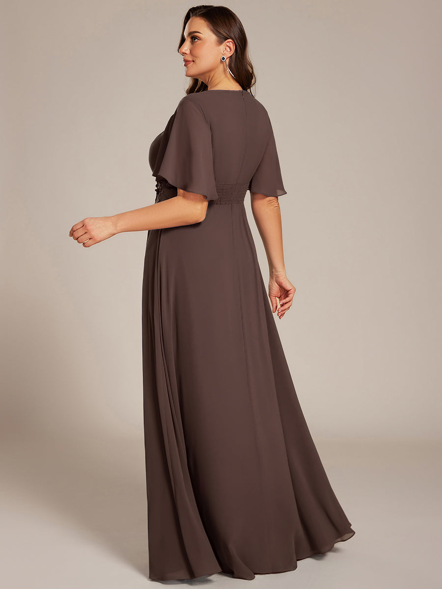 Bodenlanger A-Linien Chiffonkleid Mit Raffung Blumenmuster Und Applikationen #Farbe_Espressobraun