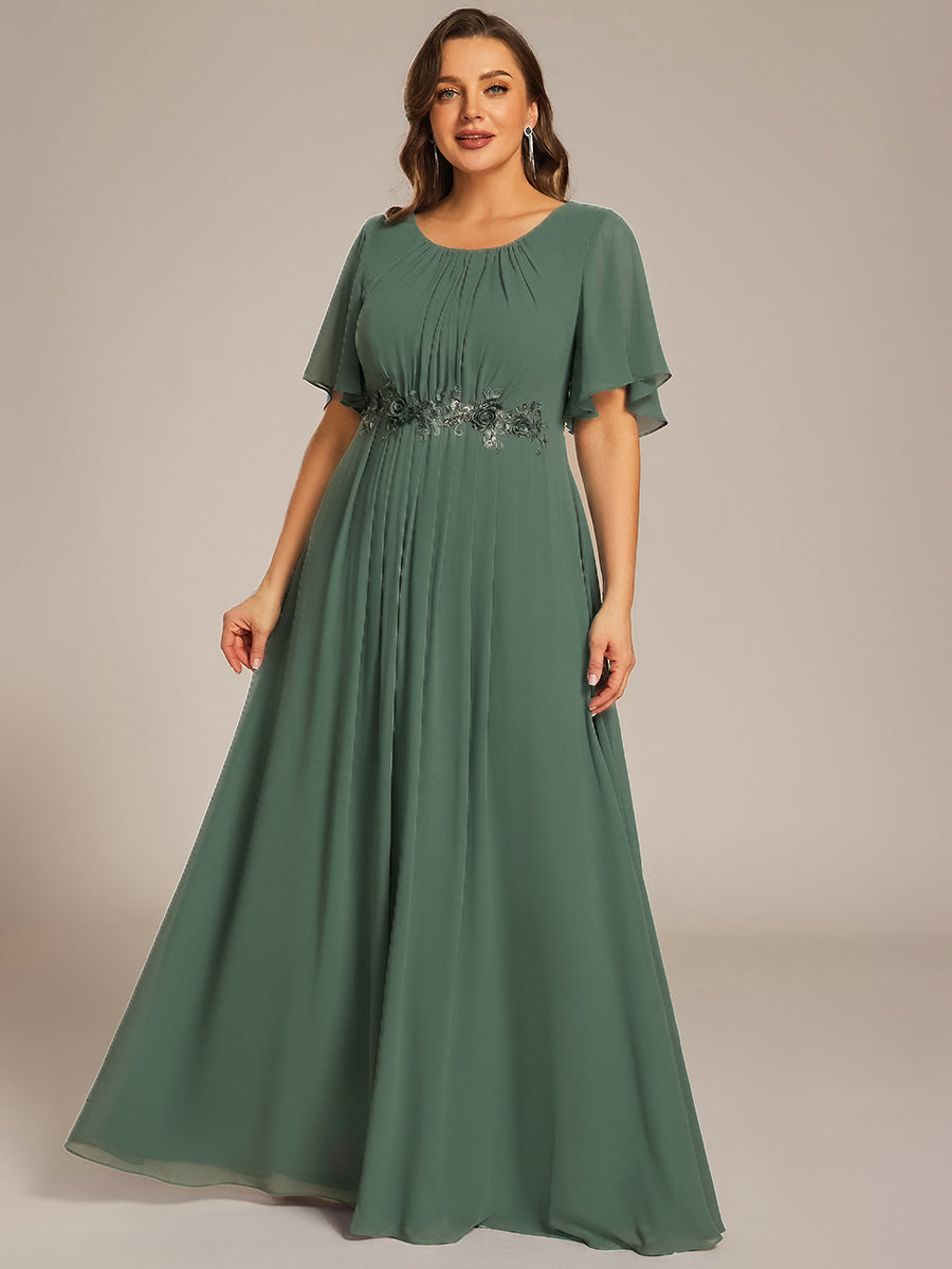 Bodenlanger A-Linien Chiffonkleid Mit Raffung Blumenmuster Und Applikationen #Farbe_Eukalyptus