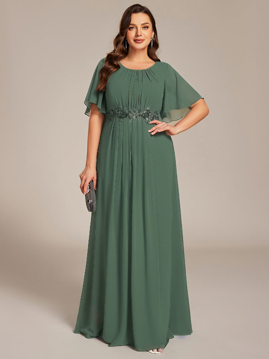 Bodenlanger A-Linien Chiffonkleid Mit Raffung Blumenmuster Und Applikationen #Farbe_Eukalyptus