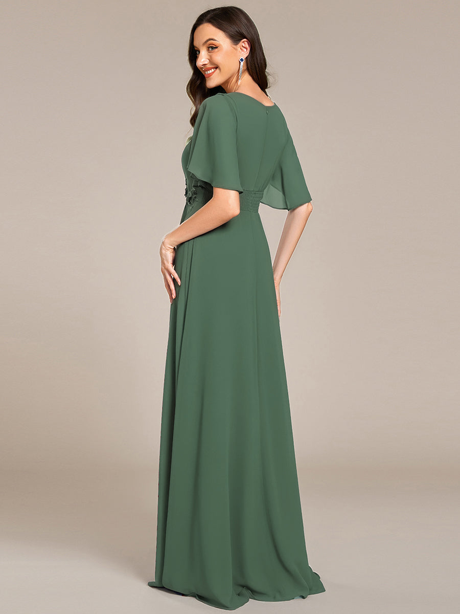 Bodenlanger A-Linien Chiffonkleid Mit Raffung Blumenmuster Und Applikationen #Farbe_Eukalyptus