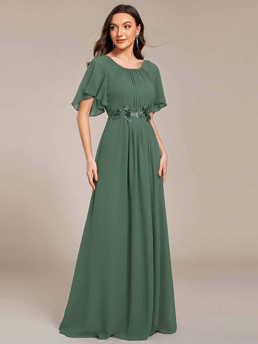 Bodenlanger A-Linien Chiffonkleid Mit Raffung Blumenmuster Und Applikationen #Farbe_Eukalyptus