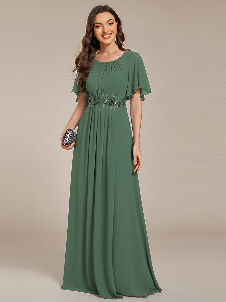 Bodenlanger A-Linien Chiffonkleid Mit Raffung Blumenmuster Und Applikationen #Farbe_Eukalyptus