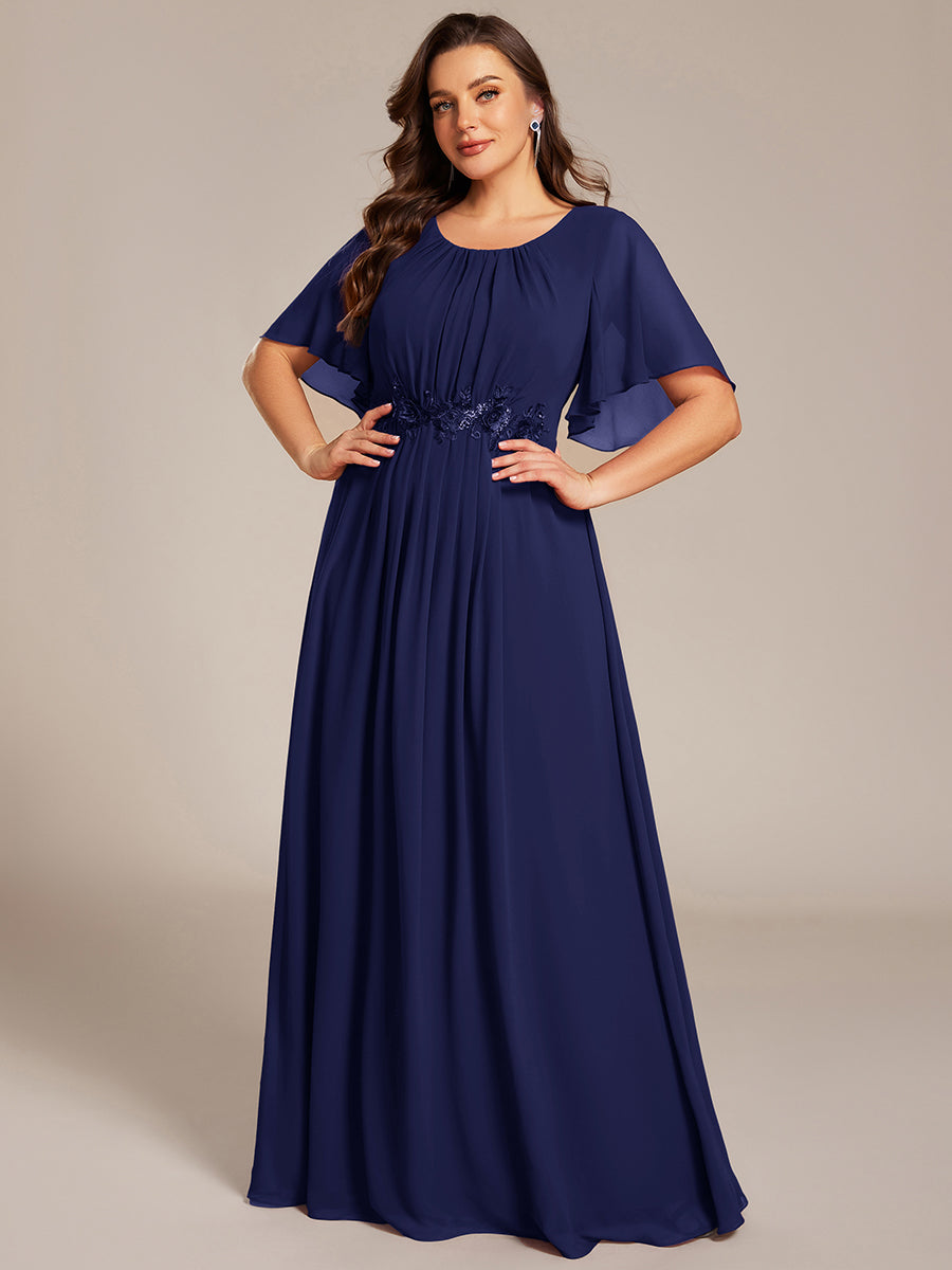 Bodenlanger A-Linien Chiffonkleid Mit Raffung Blumenmuster Und Applikationen #Farbe_Marineblau