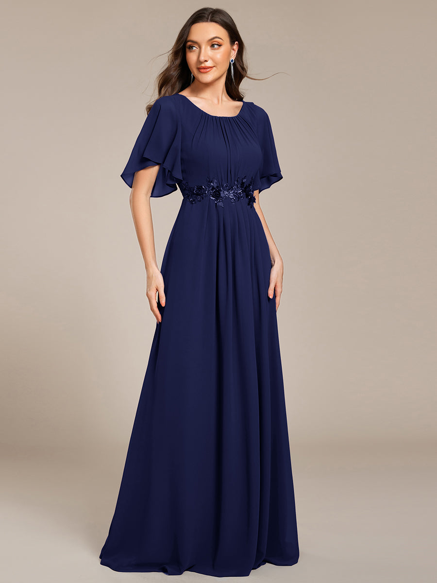 Bodenlanger A-Linien Chiffonkleid Mit Raffung Blumenmuster Und Applikationen #Farbe_Marineblau