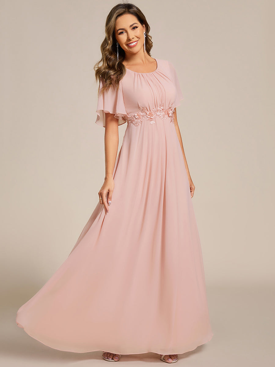 Bodenlanger A-Linien Chiffonkleid Mit Raffung Blumenmuster Und Applikationen #Farbe_Pink