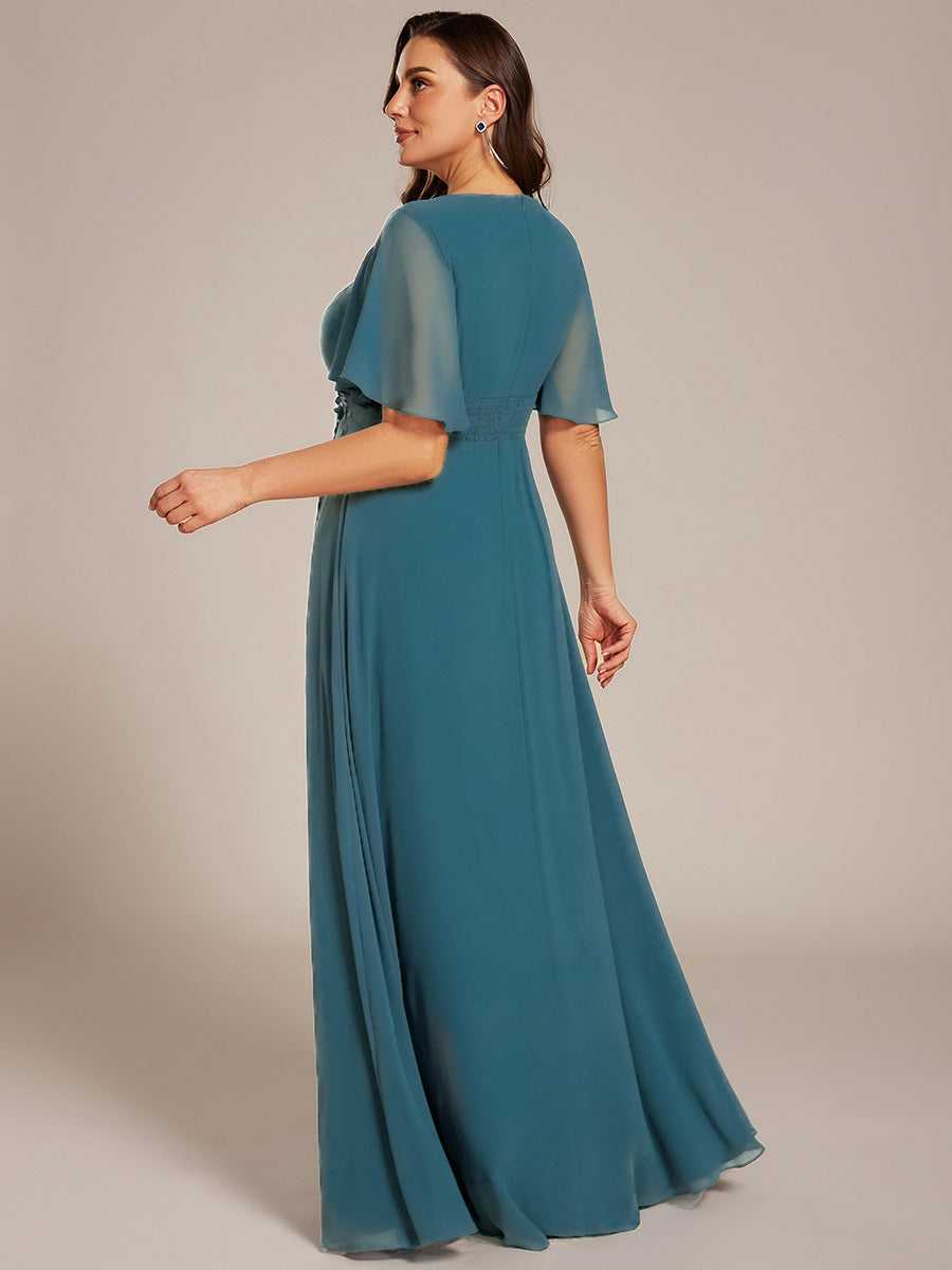 Bodenlanger A-Linien Chiffonkleid Mit Raffung Blumenmuster Und Applikationen #Farbe_Petrol