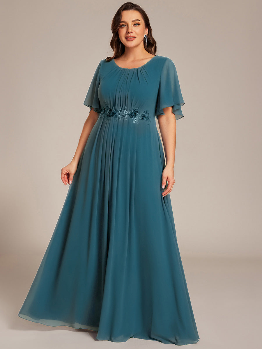 Bodenlanger A-Linien Chiffonkleid Mit Raffung Blumenmuster Und Applikationen #Farbe_Petrol