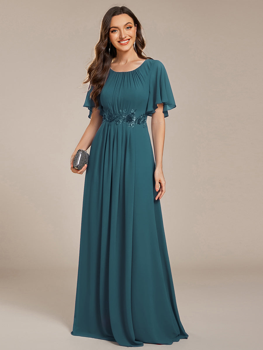 Bodenlanger A-Linien Chiffonkleid Mit Raffung Blumenmuster Und Applikationen #Farbe_Petrol